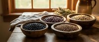 Assorted legumes and grains in wooden bowls on rustic table with natural window light, suitable for food, nutrition, cooking, and healthy eating content.