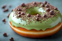 Mint glazed donut topped with chocolate chips and cocoa powder sprinkles on dark background, macro food photography with selective focus.