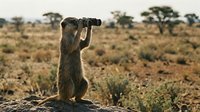 Meerkat standing upright using binoculars in African savanna landscape with acacia trees for wildlife photography and nature observation concepts.