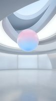 Gradient sphere floating in modern architectural space with curved white walls and soft lighting, suitable for tech, business, and design backgrounds.