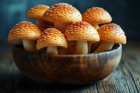Fresh baked sesame buns shaped like mushrooms arranged in rustic wooden bowl on dark background, creative food photography for bakery marketing.
