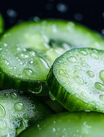 Fresh cucumber slices with water drops on dark background, macro shot showing crisp texture and natural moisture for food and wellness concepts.