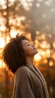 Young African American woman with curly hair enjoying peaceful moment in warm golden sunlight with dreamy bokeh background for wellness and mindfulness content.