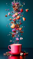 Magical explosion of strawberries, flowers and chocolate pieces bursting from pink coffee cup against dark turquoise background with water drops and splashes.