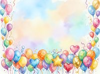 Watercolor celebration background with colorful balloons, confetti, and heart shapes floating on white isolated canvas for party invitations and festive designs.