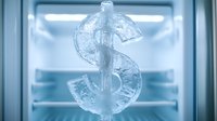 Frozen dollar sign symbol made of clear ice in cold blue light, crystalline money icon with frost texture and icy details showing financial freeze concept.