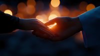 Silhouetted hands reaching towards each other with glowing warm bokeh lights in background creating romantic atmospheric mood at sunset or sunrise.