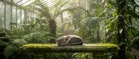 Pangolin resting on moss-covered branch in lush greenhouse with tropical plants, sunlight filtering through glass roof, wildlife sanctuary setting.