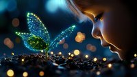 Magical glowing plant sprout with butterfly wings emerges from soil at night, with bokeh lights and child silhouette observing in wonder and amazement.