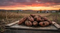 Fresh harvested potatoes on rustic wooden crate in agricultural field during golden sunset with farm landscape and dramatic orange sky in background.