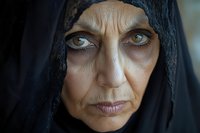Elderly Middle Eastern woman wearing black hijab with intense piercing eyes and weathered facial features showing wisdom and life experience.