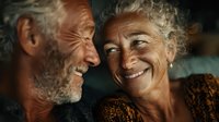 Happy senior couple laughing together in intimate moment showing love and joy in golden hour lighting for relationship and aging concepts.
