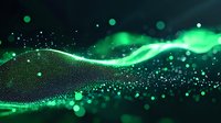 Abstract green wave of glowing particles on black background, creating futuristic digital data visualization effect for technology presentations.