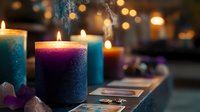 Colorful aromatic candles burning with gentle smoke, creating mystical atmosphere for meditation, relaxation, or spiritual practices.