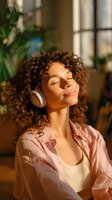 Young African American woman with curly hair wearing wireless headphones enjoys peaceful moment in warm sunlight, expressing serenity and relaxation at home.