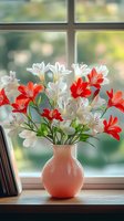 Red and white alstroemeria flowers in coral ceramic vase on windowsill with soft natural daylight and blurred garden background creating cozy home atmosphere.
