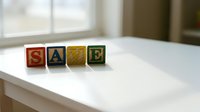 Colorful wooden alphabet blocks spelling SALE on a white table near a bright window, promoting retail discount concepts.
