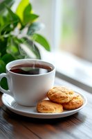 Steaming hot coffee cup with golden cookies on white saucer near window with green plant creating cozy morning atmosphere for breakfast and relaxation.