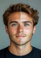 Young Caucasian male with blue eyes and styled brown hair smiling at camera, before and after skin retouching comparison on gray background for beauty and skincare advertising.