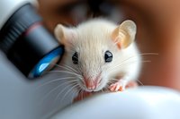 Curious white laboratory mouse peering into microscope lens against blurred background, close-up portrait showing bright eyes and whiskers in scientific research setting.