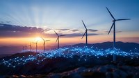 Wind turbines on hills with glowing network connections at sunset representing renewable energy and smart grid technology for sustainable power generation.