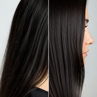 Hair treatment before and after comparison showing damaged frizzy hair transformed to smooth shiny straight hair for salon beauty care advertising.