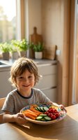 Happy young boy with blonde curly hair holding colorful vegetable plate in bright modern kitchen. Healthy eating and nutrition concept for children.