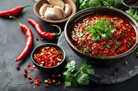 Spicy red chili sauce in rustic bowl with fresh herbs, garlic, and hot peppers on dark stone background.