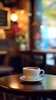 White coffee cup with fresh cappuccino on wooden table in cozy cafe interior with warm bokeh lights and blurred background, morning atmosphere.