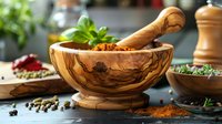 Traditional olive wood mortar and pestle with vibrant spices and herbs on rustic kitchen table, perfect for culinary blogs, cooking websites and restaurant menus.