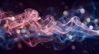 Abstract flowing smoke waves in pink and blue colors with glowing particles and bokeh lights on dark cosmic background for digital art projects.