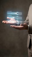 Businessman holding glowing holographic skill assessment bars displaying creativity, technical, and leadership metrics for professional development and competency evaluation.