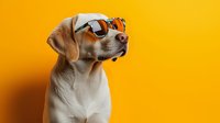 Stylish beagle dog wearing sunglasses poses confidently against vibrant yellow background. Cool pet portrait showing attitude and personality for modern advertising.