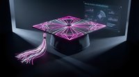 Digital graduation cap with neon pink wireframe design on laptop displaying data analytics dashboard representing online education technology.