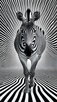 Zebra with radiating black and white stripes creating optical illusion effect. Monochrome wildlife art with hypnotic pattern for modern design projects.