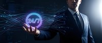 Professional businessman in dark suit presenting glowing 24/7 service symbol with digital network connections and data streams in futuristic technology environment.