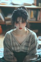 Young Asian woman in plaid sweater with messy updo hairstyle and red lipstick gazing intensely at camera against blurred library background. Moody portrait lighting.