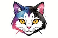 Colorful cat head with yellow eyes in watercolor style featuring vibrant purple, blue, pink and black tones on white background, geometric artistic interpretation.