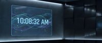Futuristic holographic digital clock display showing time 10:08:32 AM with glowing blue interface elements in modern technological environment for sci-fi projects.