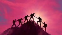 Team of climbers helping each other reach mountain summit at sunset with dramatic pink sky background symbolizing teamwork and success.