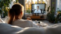 Woman with reddish-brown hair watching online video call on television screen in bright living room with plants, suitable for telehealth, remote communication, and virtual meeting concepts.