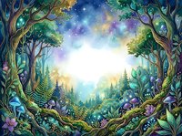 Enchanted forest gateway with glowing light, magical woodland arch framed by ancient trees, ferns, and mystical flora, celestial sky with stars and aurora colors for fantasy and adventure themes.