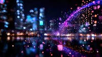 Vibrant night cityscape with glowing purple and blue bokeh lights reflecting on water surface, creating magical urban atmosphere with blurred skyscrapers background.