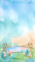 Watercolor gradient background with soft blue, turquoise, and cream tones flowing into green, featuring ornate gold decorative banner frame for text overlay and design projects.