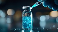 Medical vial with glowing blue liquid and syringe against dark background with bokeh lights, dramatic pharmaceutical laboratory concept for healthcare.