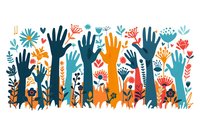 Colorful raised hands among floral elements create vibrant community unity composition with blue, orange and black silhouettes against white background, ready for social projects.
