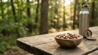 Wooden bowl filled with mixed nuts and steel water bottle on rustic table in forest setting. Healthy outdoor snacking and hydration concept for camping adventures.
