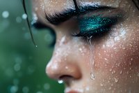 Close up of woman's face with turquoise glitter eyeshadow and water drops on skin against green background, showing emotional expression and beauty.