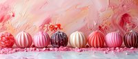 Festive striped candy balls in pink and white tones arranged in row against abstract pink background with glitter and bokeh effects. Suitable for holiday designs.