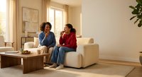 Two African American women having friendly conversation on modern white sofa in bright contemporary living room with natural sunlight and minimalist decor.